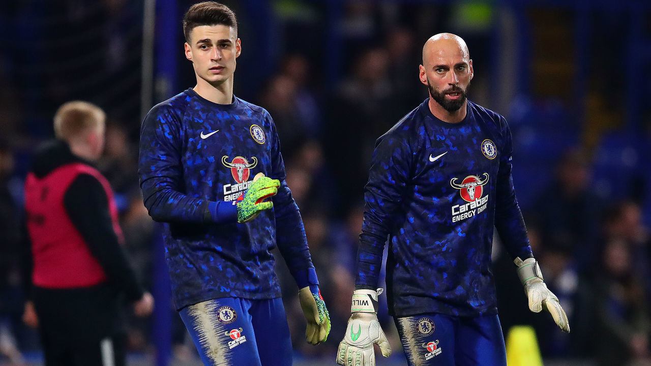 LONDON, ENGLAND - FEBRUARY 27: Willy Caballero (R) and Kepa Arrizabalaga of Chelsea warm up ahead of the Premier League match between Chelsea FC and Tottenham Hotspur at Stamford Bridge on February 27, 2019 in London, United Kingdom.