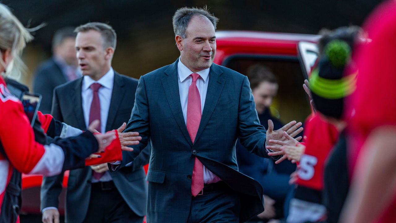 OTTAWA, ON - OCTOBER 04: General manager Pierre Dorion walks the Red Carpet for home opener before National Hockey League action between the Chicago Blackhawks and Ottawa Senators on October 4, 2018, at Canadian Tire Centre in Ottawa, ON, Canada.