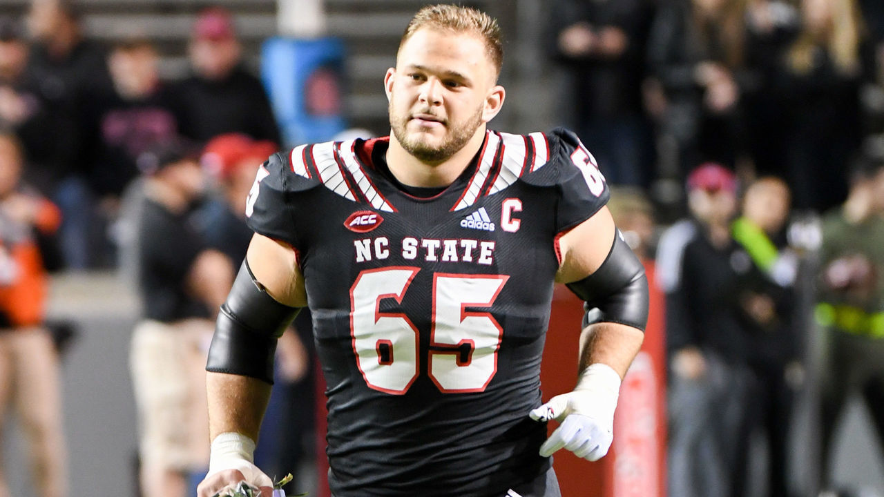 RALEIGH, NC - NOVEMBER 08: North Carolina State Wolfpack center Garrett Bradbury (65) during the college football game between Wake Forest Demon Deacons and the North Carolina State Wolfpack on November 8, 2018, at Carter-Finley Stadium in Raleigh, NC.