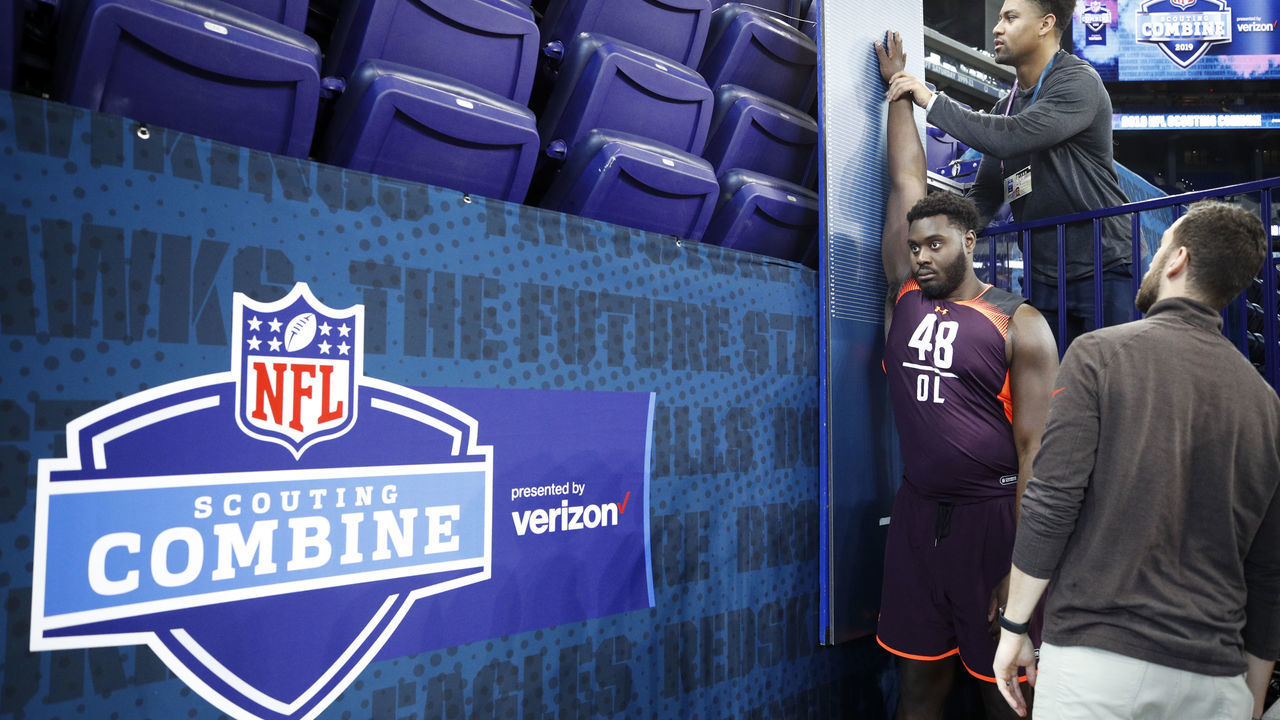 INDIANAPOLIS, IN - MARCH 01: Offensive lineman Isaiah Prince of Ohio State has measurements taken during day two of the NFL Combine at Lucas Oil Stadium on March 1, 2019 in Indianapolis, Indiana.