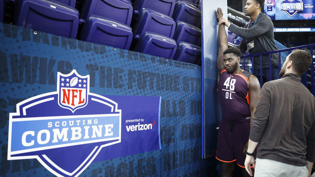 INDIANAPOLIS, IN - MARCH 01: Offensive lineman Isaiah Prince of Ohio State has measurements taken during day two of the NFL Combine at Lucas Oil Stadium on March 1, 2019 in Indianapolis, Indiana.