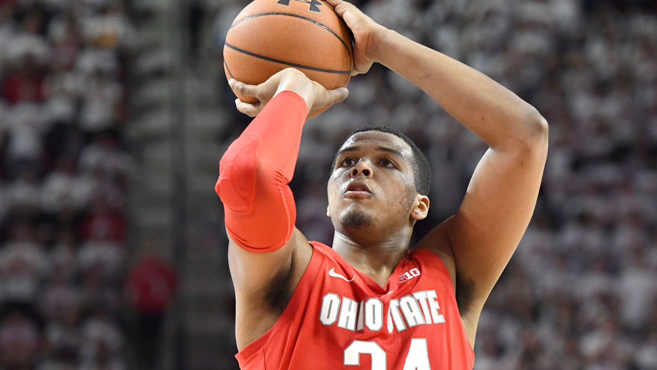 COLLEGE PARK, MD - FEBRUARY 23: Kaleb Wesson #34 of the Ohio State Buckeyes takes a foul shot during a college basketball game against the Maryland Terrapins at the XFinity Center on February 23, 2019 in College Park, Maryland.