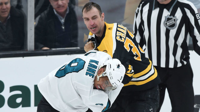 BOSTON, MA - FEBRUARY 26: Zdeno Chara #33 of the Boston Bruins fights against Evander Kane #9 of the San Jose Sharks at the TD Garden on February 26, 2019 in Boston, Massachusetts.