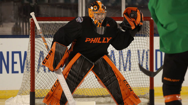PHILADELPHIA, PA - FEBRUARY 22: Goaltender Cam Talbot #33 of the Philadelphia Flyers makes a save during a team practice session at Lincoln Financial Field on February 22, 2019 in Philadelphia, Pennsylvania.