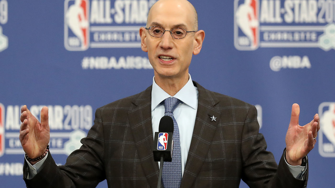 CHARLOTTE, NORTH CAROLINA - FEBRUARY 16: Adam Silver, NBA Commissioner, talks to the media during the NBA All Star Commissioner's Media Availability as part of the 2019 NBA All-Star Weekend at Spectrum Center on February 16, 2019 in Charlotte, North Carolina.