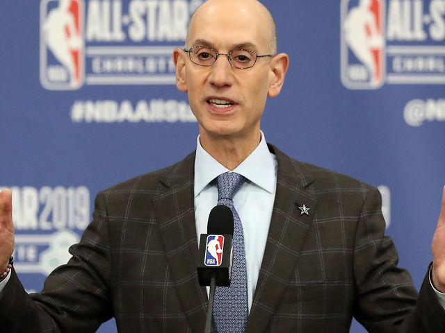 CHARLOTTE, NORTH CAROLINA - FEBRUARY 16: Adam Silver, NBA Commissioner, talks to the media during the NBA All Star Commissioner's Media Availability as part of the 2019 NBA All-Star Weekend at Spectrum Center on February 16, 2019 in Charlotte, North Carolina.