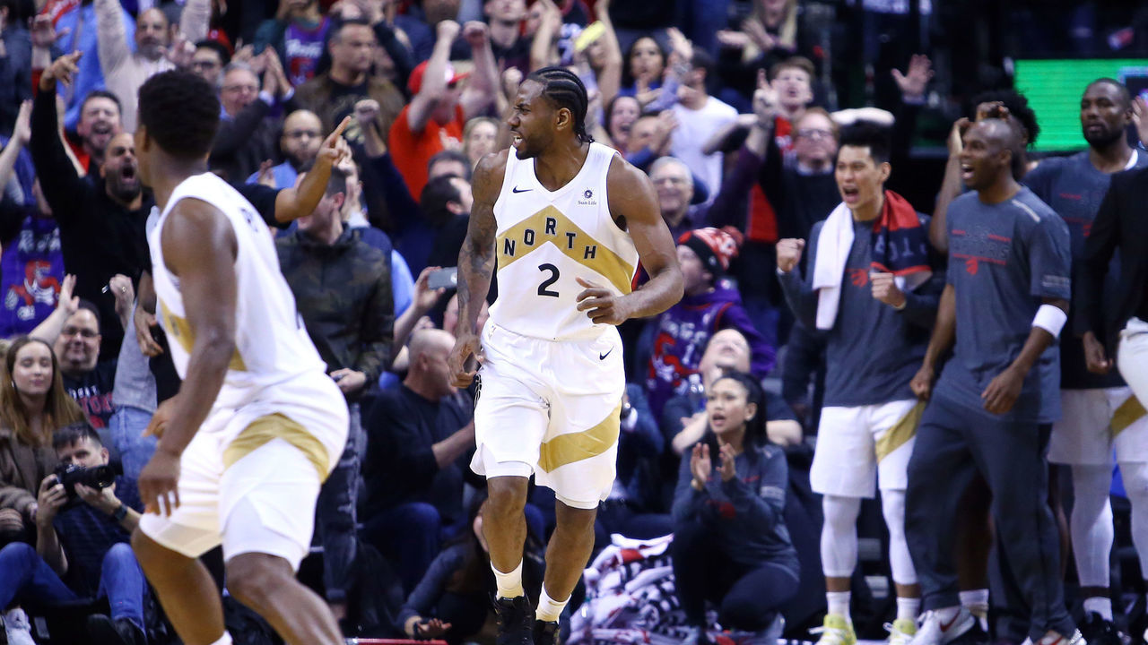 TORONTO, ON - MARCH 1: Kawhi Leonard #2 of the Toronto Raptors celebrates after sinking the winning basket during the second half of an NBA game against the Portland Trail Blazers at Scotiabank Arena on March 1, 2019 in Toronto, Canada.