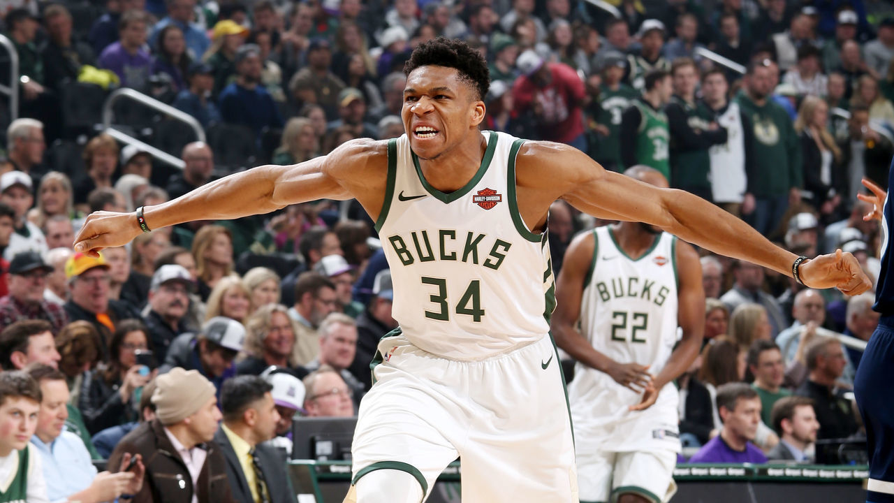 MILWAUKEE, WI - FEBRUARY 23: Giannis Antetokounmpo #34 of the Milwaukee Bucks shows emotion prior to tip off against the Minnesota Timberwolves on February 23, 2019 at the Fiserv Forum Center in Milwaukee, Wisconsin. Mandatory Copyright Notice: Copyright 2019 NBAE .