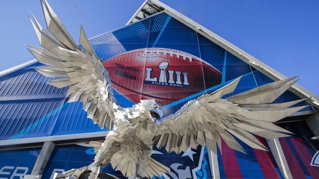 ATLANTA, GA - JANUARY 31: A falcon sculpture sits outside of Mercedes-Benz Stadium in Atlanta ahead of the coming weekend's Super Bowl LIII between the New England Patriots and the Los Angeles Rams on Jan. 31, 2019.