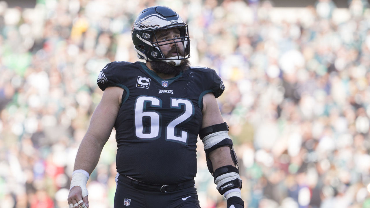 PHILADELPHIA, PA - NOVEMBER 25: Jason Kelce #62 of the Philadelphia Eagles looks on against the New York Giants at Lincoln Financial Field on November 25, 2018 in Philadelphia, Pennsylvania.