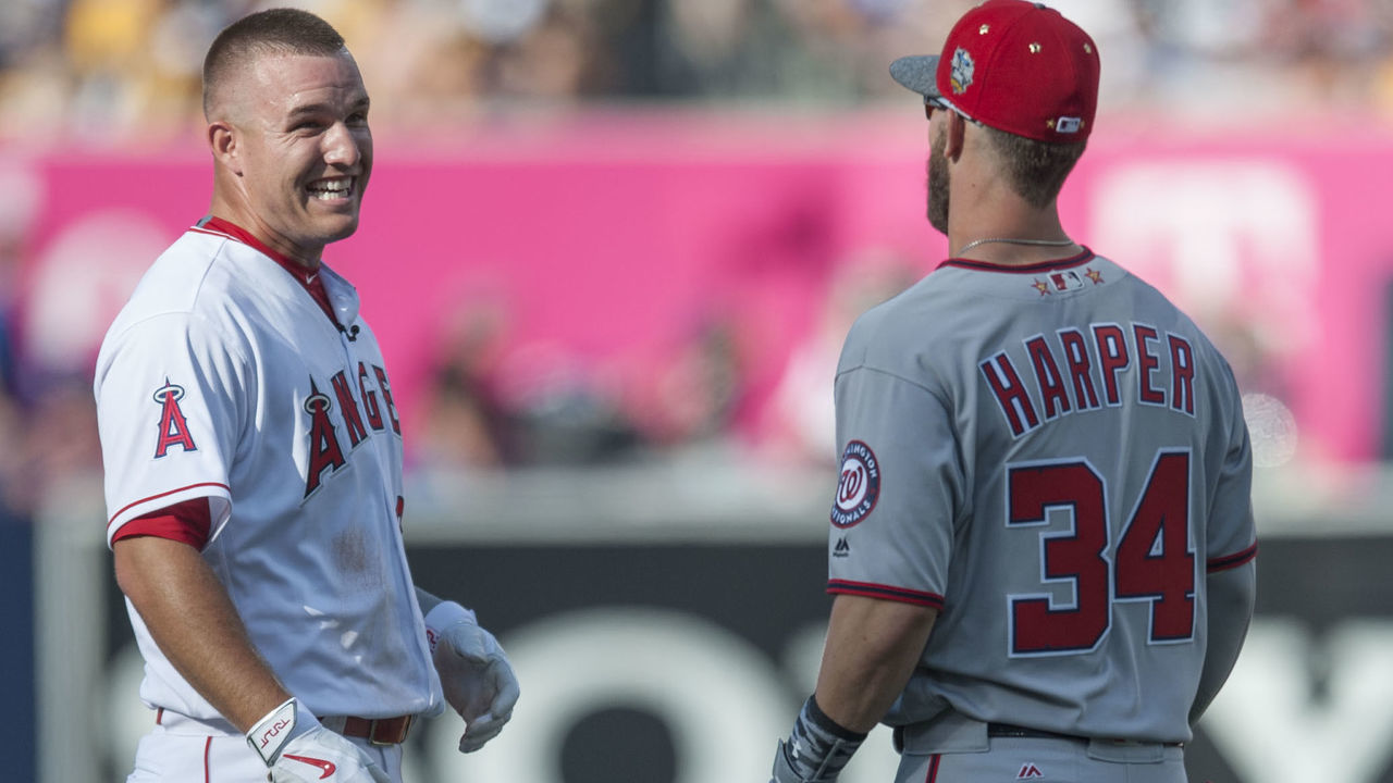 SAN DIEGO, CA - JULY 12: The Angels' Mike Trout jokes around with the Nationals' Bryce Harper during the 2016 MLB All-Star Game at Petco Park in San Diego on Tuesday. ///ADDITIONAL INFO: allstar.0713.kjs --- Photo by KEVIN SULLIVAN / Orange County Register -- 7/12/16 The 2016 MLB All-Star Game at Petco Park in San Diego.