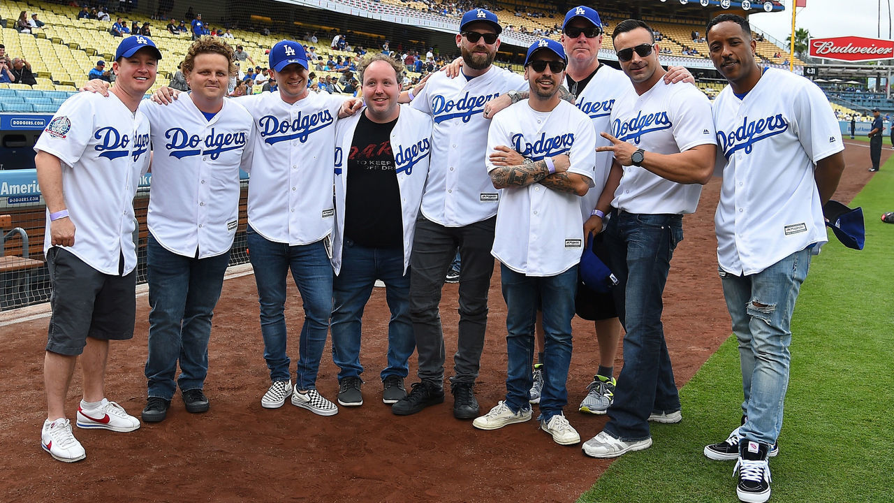LOS ANGELES, CA - JUNE 16: The cast of the 'The Sandlot' celebrate the movie's 25th anniversary with a special reunion before the game between the Los Angeles Dodgers and the San Francisco Giants at Dodger Stadium on June 16, 2018 in Los Angeles, California.