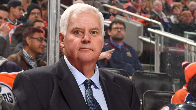 EDMONTON, AB - NOVEMBER 27: Ken Hitchcock of the Edmonton Oilers stands on the bench prior to the game against the Dallas Stars on November 27, 2018 at Rogers Place in Edmonton, Alberta, Canada.