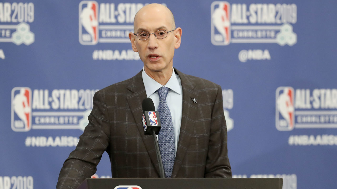CHARLOTTE, NORTH CAROLINA - FEBRUARY 16: Adam Silver, NBA Commissioner, talks to the media during the NBA All Star Commissioner's Media Availability as part of the 2019 NBA All-Star Weekend at Spectrum Center on February 16, 2019 in Charlotte, North Carolina.