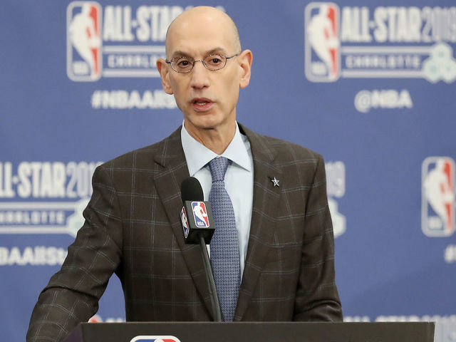 CHARLOTTE, NORTH CAROLINA - FEBRUARY 16: Adam Silver, NBA Commissioner, talks to the media during the NBA All Star Commissioner's Media Availability as part of the 2019 NBA All-Star Weekend at Spectrum Center on February 16, 2019 in Charlotte, North Carolina.
