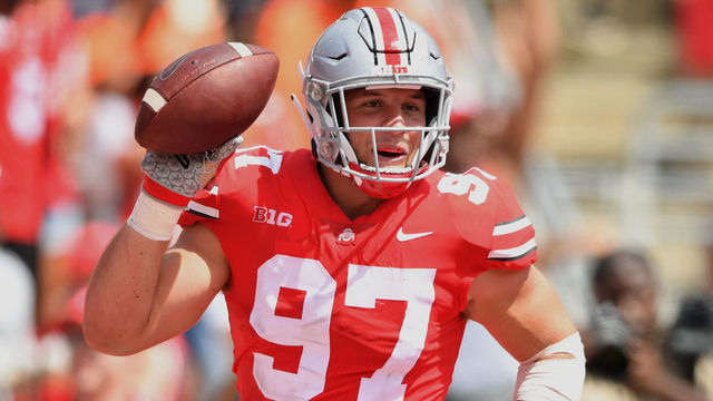 COLUMBUS, OH - SEPTEMBER 1: Nick Bosa #97 of the Ohio State Buckeyes celebrates after recovering a fumble in the end zone for a touchdown in the second quarter against the Oregon State Beavers at Ohio Stadium on September 1, 2018 in Columbus, Ohio.