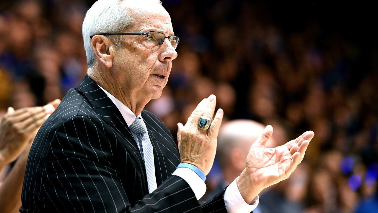 DURHAM, NC - FEBRUARY 20: Head coach Roy Williams of the North Carolina Tar Heels reacts during their game against the Duke Blue Devils at Cameron Indoor Stadium on February 20, 2019 in Durham, North Carolina. UNC won 88-72.