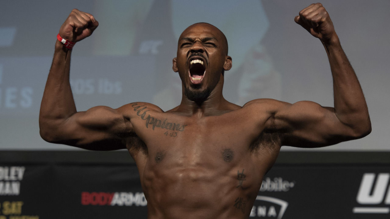 LAS VEGAS, NV - MARCH 01: UFC light heavyweight champion Jon Jones during the UFC 235 ceremonial weigh-ins at the T-Mobile Arena in Las Vegas, NV, Friday, Mar. 1, 2019.