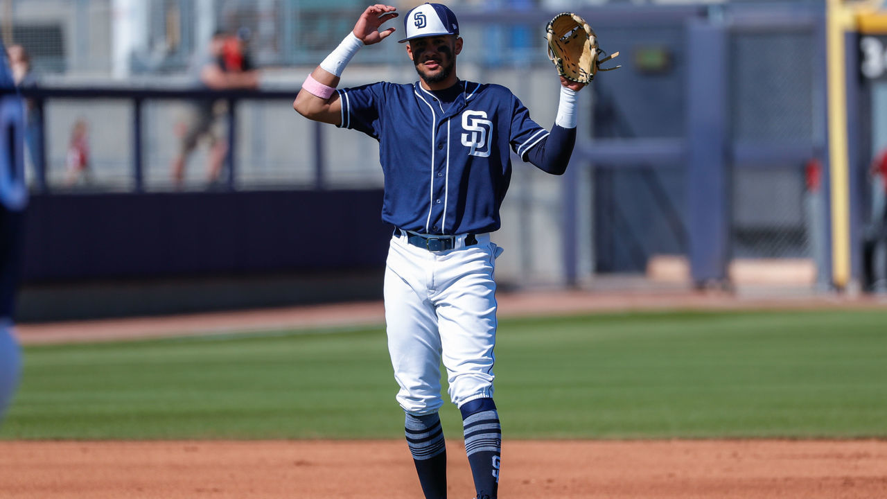 PEORIA, AZ - FEBRUARY 27: San Diego Padres infielder Fernando Tatis Jr. (84) looks on during the MLB spring training baseball game between the Arizona Diamondbacks and the San Diego Padres on February 27, 2019 at Peoria Sports Complex Stadium in Peoria, Arizona.