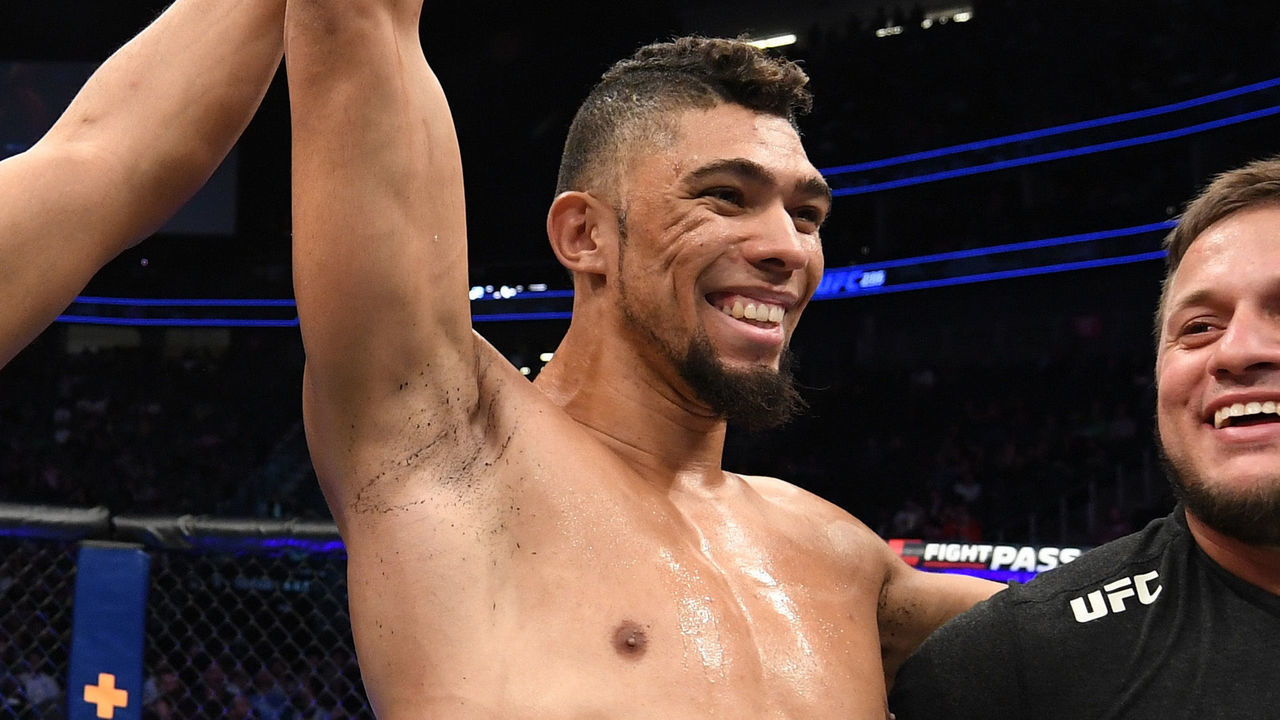 LAS VEGAS, NV - MARCH 02: Johnny Walker of Brazil celebrates his win over Misha Cirkunov of Latvia in their light heavyweight bout during the UFC 235 event at T-Mobile Arena on March 2, 2019 in Las Vegas, Nevada.