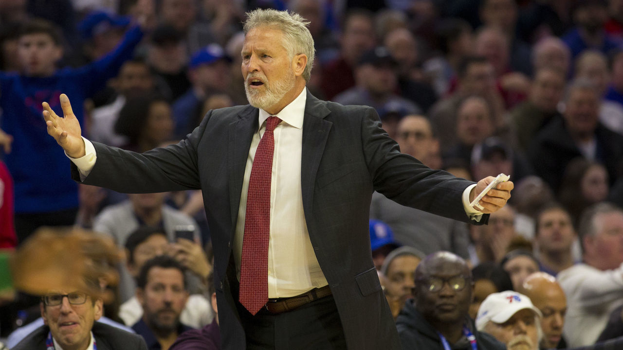 PHILADELPHIA, PA - FEBRUARY 12: Head coach Brett Brown of the Philadelphia 76ers reacts against the Boston Celtics in the fourth quarter at the Wells Fargo Center on February 12, 2019 in Philadelphia, Pennsylvania. The Celtics defeated the 76ers 112-109.