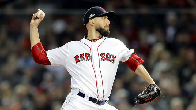 BOSTON, MA - OCTOBER 14: Matt Barnes #32 of the Boston Red Sox delivers the pitch during the fifth inning against the Houston Astros in Game Two of the American League Championship Series at Fenway Park on October 14, 2018 in Boston, Massachusetts.