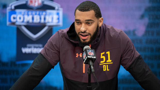 INDIANAPOLIS, IN - MARCH 02: Mississippi State edge rusher Montez Sweat answers questions from the media during the NFL Scouting Combine on March 2, 2019 at the Indiana Convention Center in Indianapolis, IN.