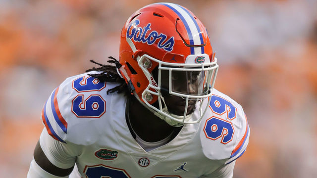 KNOXVILLE, TN - SEPTEMBER 22: Jachai Polite #99 of the Florida Gators lines up before a play during the game between the Florida Gators and Tennessee Volunteers at Neyland Stadium on September 22, 2018 in Knoxville, Tennessee. Florida won the game 47-21.