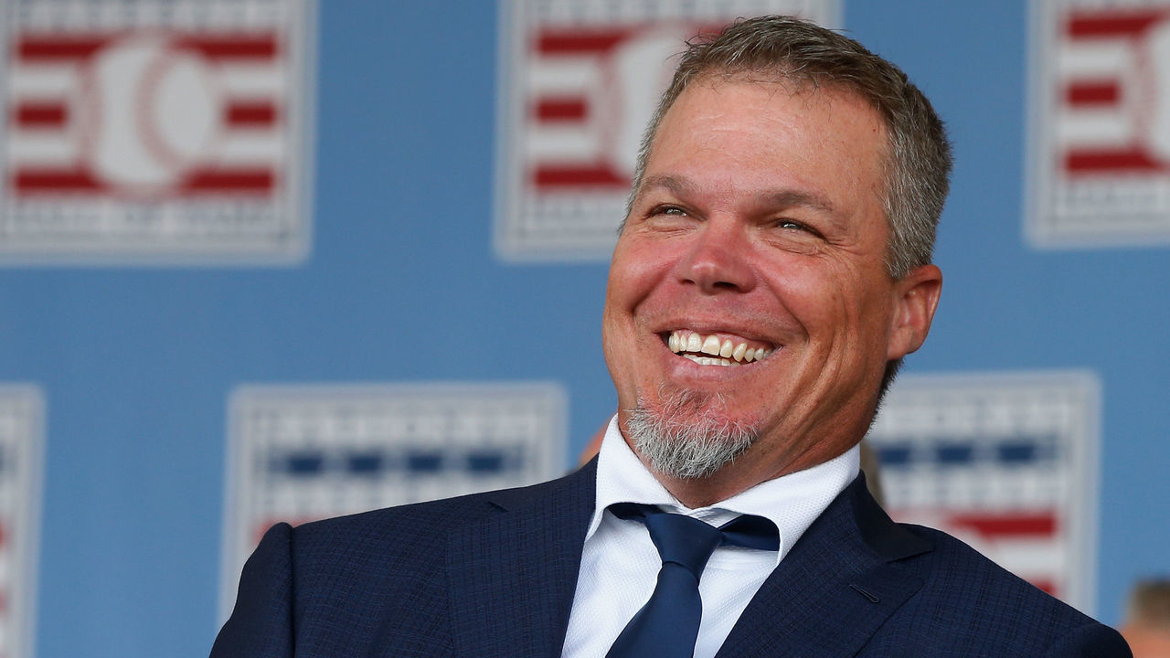 COOPERSTOWN, NY - JULY 29: Chipper Jones has a laugh at Clark Sports Center prior to his speech during the Baseball Hall of Fame induction ceremony on July 29, 2018 in Cooperstown, New York.