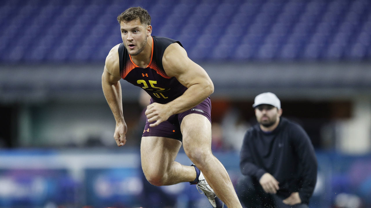 INDIANAPOLIS, IN - MARCH 03: Defensive lineman Nick Bosa of Ohio State works out during day four of the NFL Combine at Lucas Oil Stadium on March 3, 2019 in Indianapolis, Indiana.