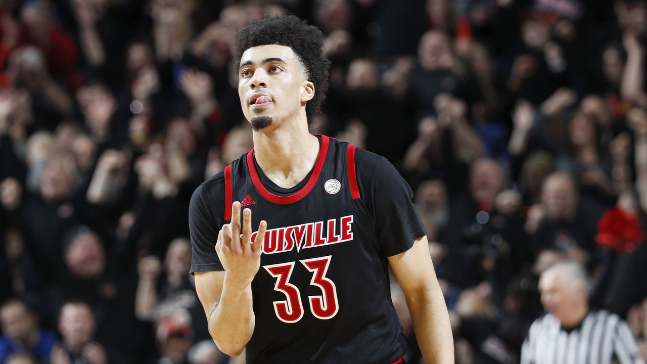 LOUISVILLE, KY - FEBRUARY 12: Jordan Nwora #33 of the Louisville Cardinals reacts after hitting a three-point shot against the Duke Blue Devils in the second half of the game at KFC YUM! Center on February 12, 2019 in Louisville, Kentucky. Duke came from behind to win 71-69.