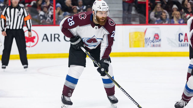 OTTAWA, ON - JANUARY 16: Colorado Avalanche Defenceman Ian Cole (28) prepares for a face-off during second period National Hockey League action between the Colorado Avalanche and Ottawa Senators on January 16, 2019, at Canadian Tire Centre in Ottawa, ON, Canada.