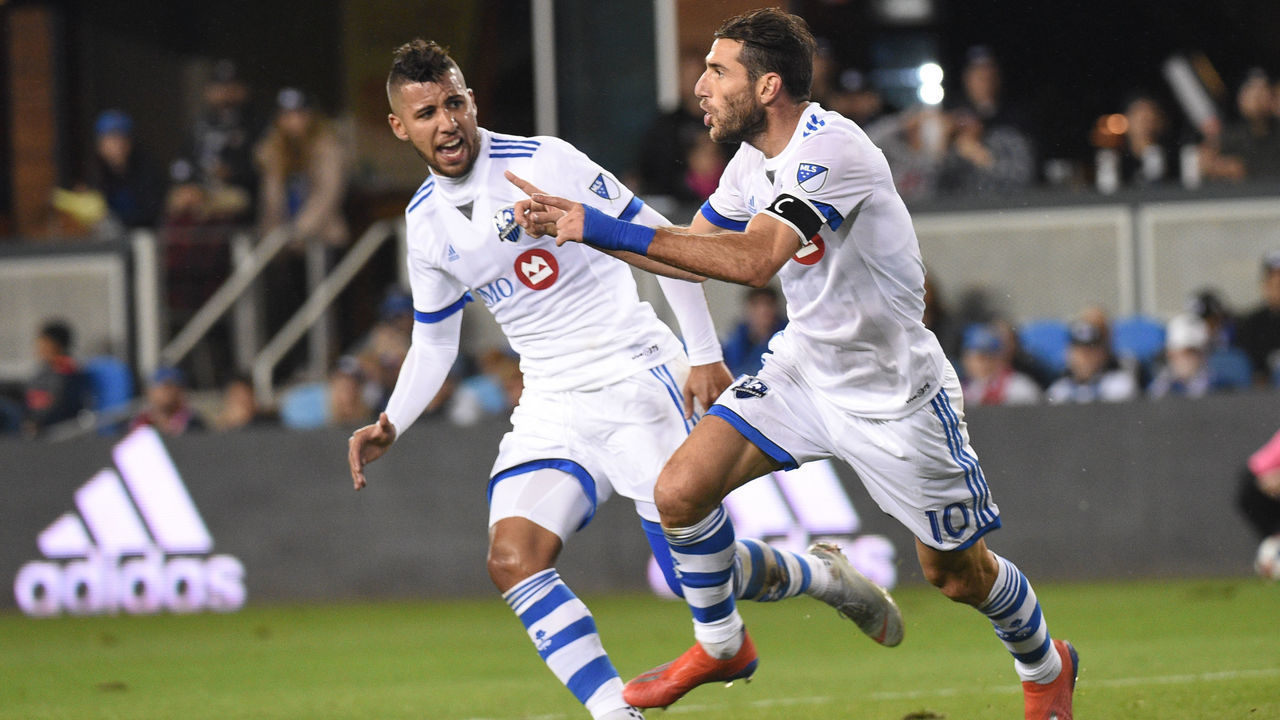 SAN JOSE, CA - MARCH 02: Montreal Impact midfielder Ignacio Piatti (10) celebrates scoring his side's first goal with teammate Montreal Impact midfielder Saphir Taider (8) during the MLS match between the Montreal Impact and the San Jose Earthquakes at Avaya Stadium on March 2, 2019 in San Jose, CA.