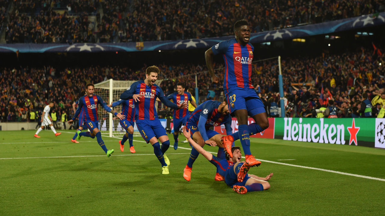 BARCELONA, SPAIN - MARCH 08: Sergi Roberto (bottom) of Barcelona celebrates scoring his side's sixth goal during the UEFA Champions League Round of 16 second leg match between FC Barcelona and Paris Saint-Germain at Camp Nou on March 8, 2017 in Barcelona, Spain.