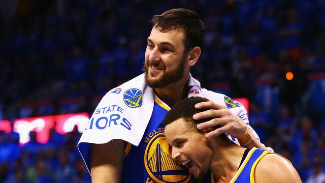 OKLAHOMA CITY, OK - MAY 28: Andrew Bogut #12 of the Golden State Warriors celebrates with Stephen Curry #30 during the fourth quarter against the Oklahoma City Thunder in game six of the Western Conference Finals during the 2016 NBA Playoffs at Chesapeake Energy Arena on May 28, 2016 in Oklahoma City, Oklahoma.