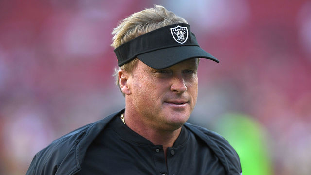 SANTA CLARA, CA - NOVEMBER 01: Head coach Jon Gruden of the Oakland Raiders looks on during warm ups prior to their game against the San Francisco 49ers at Levi's Stadium on November 1, 2018 in Santa Clara, California.