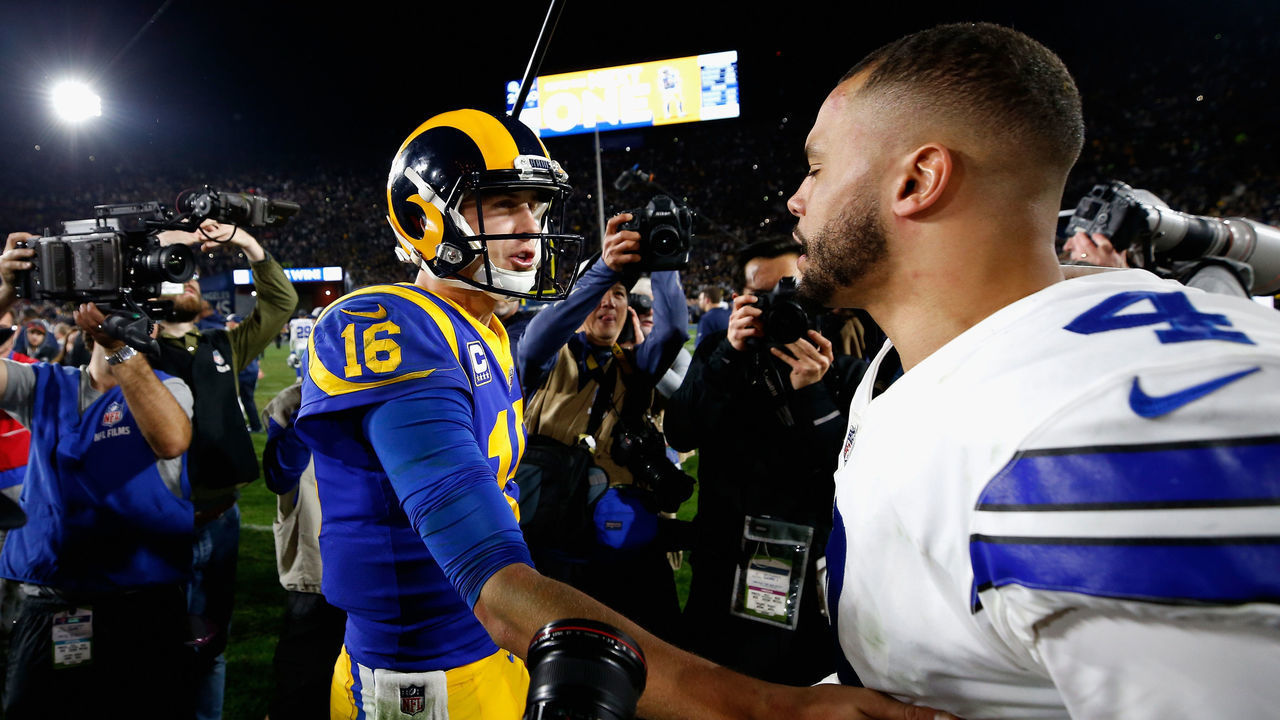 LOS ANGELES, CA - JANUARY 12: Jared Goff #16 of the Los Angeles Rams greets Dak Prescott #4 of the Dallas Cowboys after the NFC Divisional Playoff game at Los Angeles Memorial Coliseum on January 12, 2019 in Los Angeles, California. The Rams defeated the Cowboys 30-22.