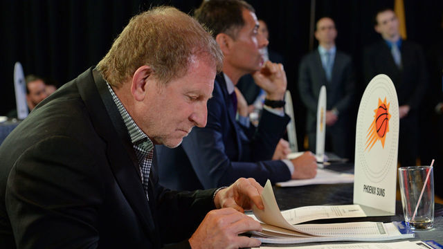 NEW YORK, NEW YORK - MAY 16: Robert Sarver of the Phoenix Suns takes notes inside the lottery room during the 2017 NBA Draft Lottery at the New York Hilton in New York, New York. Mandatory Copyright Notice: Copyright 2017 NBAE