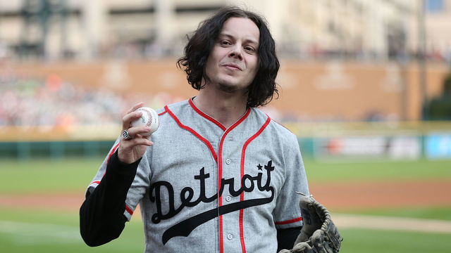 DETROIT, MI - JULY 29: Musician and former Detroit native Jack White throws out the first pitch prior to the start of the game between the Chicago White Sox and the Detroit Tigers at Comerica Park on July 29, 2014 in Detroit, Michigan. The White Sox defeated the Tigers 11-4.