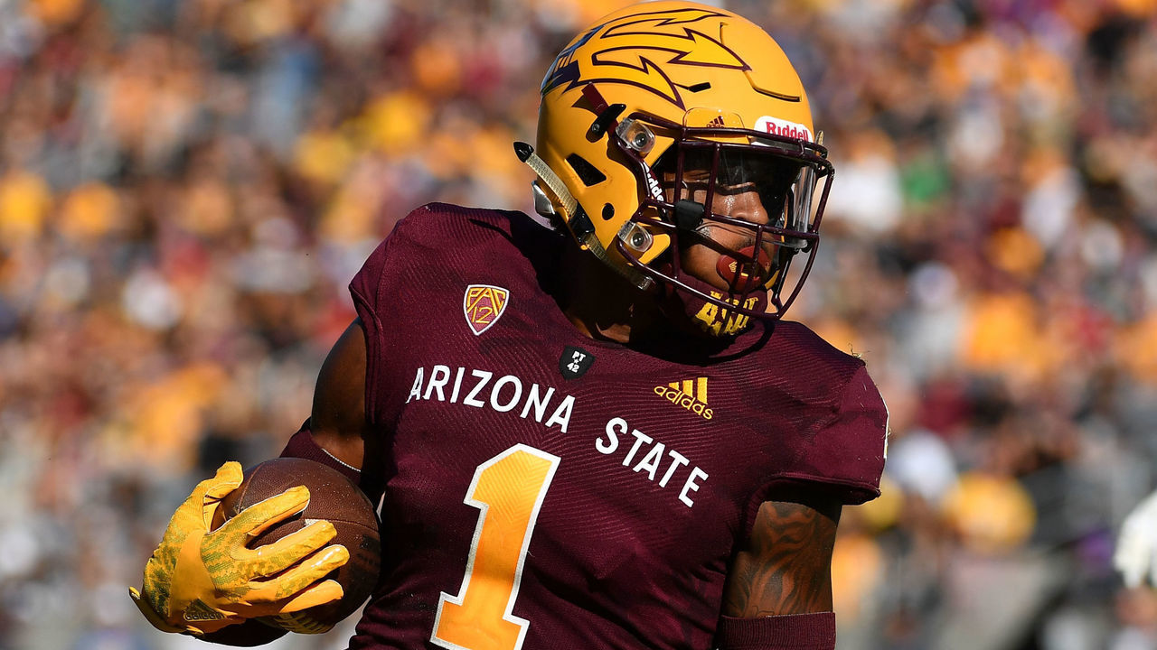 TEMPE, AZ - NOVEMBER 10: Wide receiver N'Keal Harry #1 of the Arizona State Sun Devils carries in the second half against the UCLA Bruins at Sun Devil Stadium on November 10, 2018 in Tempe, Arizona. The Arizona State Sun Devils won 31-28.