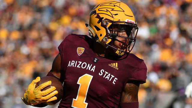 TEMPE, AZ - NOVEMBER 10: Wide receiver N'Keal Harry #1 of the Arizona State Sun Devils carries in the second half against the UCLA Bruins at Sun Devil Stadium on November 10, 2018 in Tempe, Arizona. The Arizona State Sun Devils won 31-28.