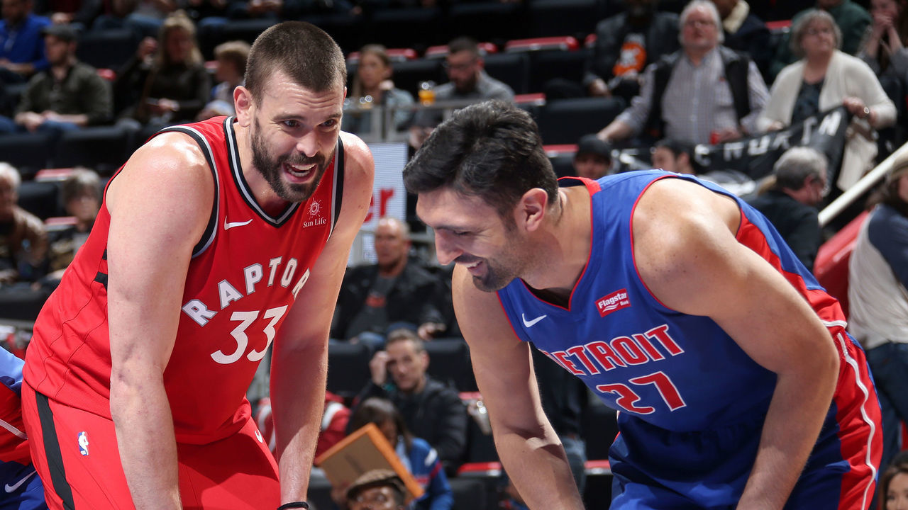 DETROIT, MI - MARCH 3: Marc Gasol #33 of the Toronto Raptors and Zaza Pachulia #27 of the Detroit Pistons talk during the game on March 3, 2019 at Little Caesars Arena in Detroit, Michigan. NOTE TO USER: User expressly acknowledges and agrees that, by downloading and/or using this photograph, user is consenting to the terms and conditions of the Getty Images License Agreement. Mandatory Copyright Notice: Copyright 2019 NBAE