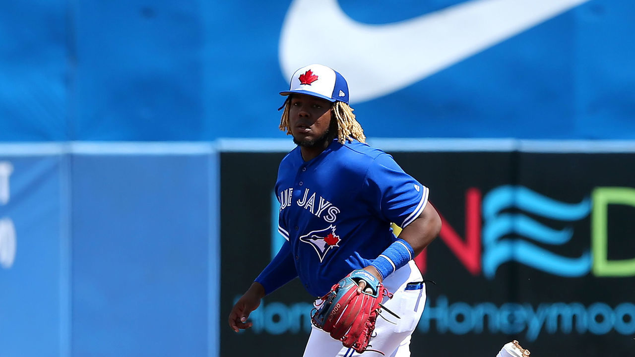 Dunedin, FL - MAR 03: Vladimir Guerrero Jr. (27) of the Blue Jays hustles back over to third base during the spring training game between the New York Yankees (ss) and the Toronto Blue Jays on March 03, 2019, at the Dunedin Stadium in Dunedin, FL.