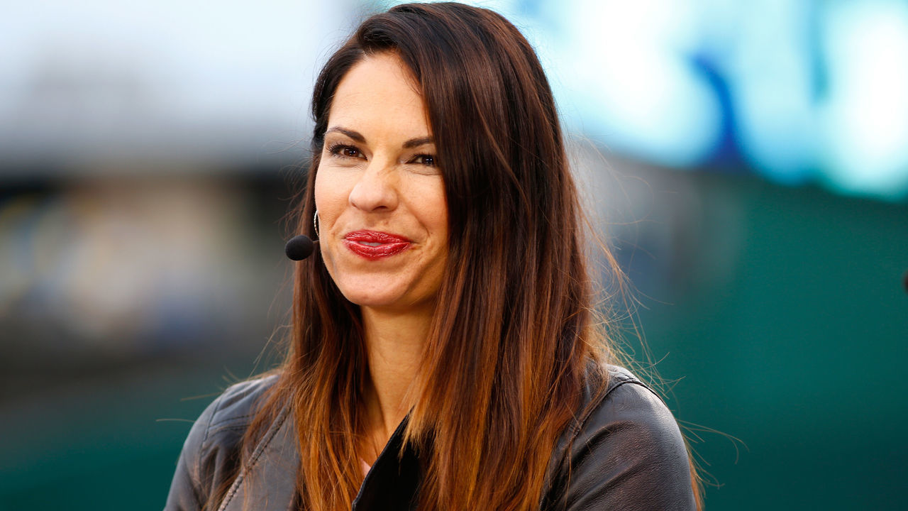 KANSAS CITY, MO - OCTOBER 26: Jessica Mendoza of ESPN speaks on set the day before Game 1 of the 2015 World Series between the Royals and Mets at Kauffman Stadium on October 26, 2015 in Kansas City, Missouri.