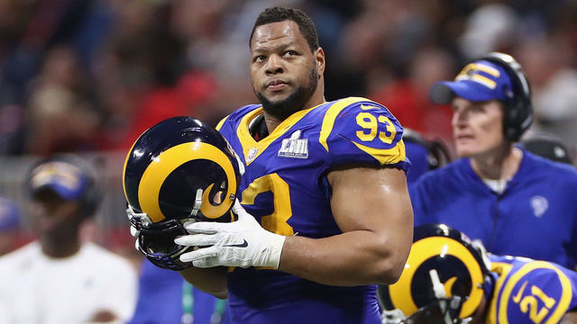 ATLANTA, GA - FEBRUARY 03: Ndamukong Suh #93 of the Los Angeles Rams looks on in the first half during Super Bowl LIII against the New England Patriots at Mercedes-Benz Stadium on February 3, 2019 in Atlanta, Georgia.