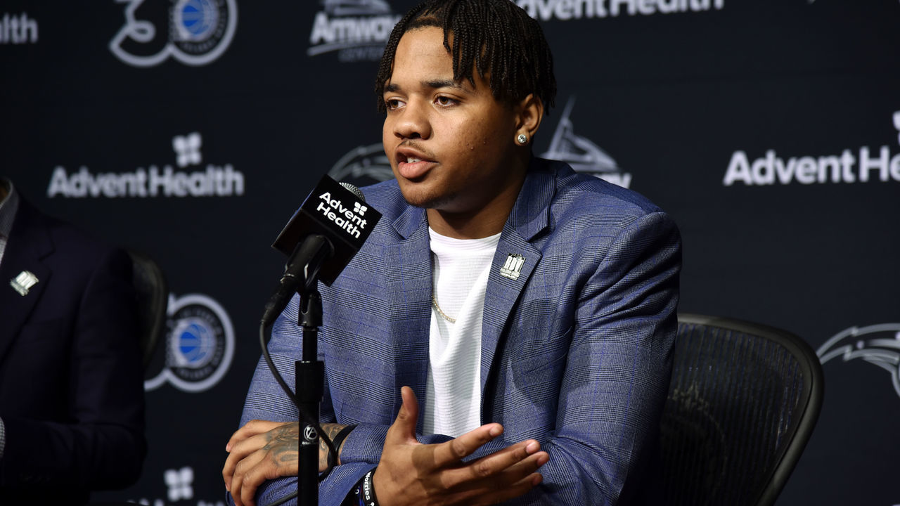 ORLANDO, FL - FEBRUARY 14: Markelle Fultz speaks to the media during the press conference on February 14, 2019 at Amway Center in Orlando, Florida. Mandatory Copyright Notice: Copyright 2019 NBAE