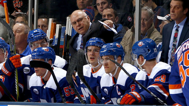 UNIONDALE, NEW YORK - MARCH 05: Head coach Barry Trotz of the New York Islanders instructs his team during the second period against the Ottawa Senators at NYCB Live's Nassau Coliseum on March 05, 2019 in Uniondale, New York.