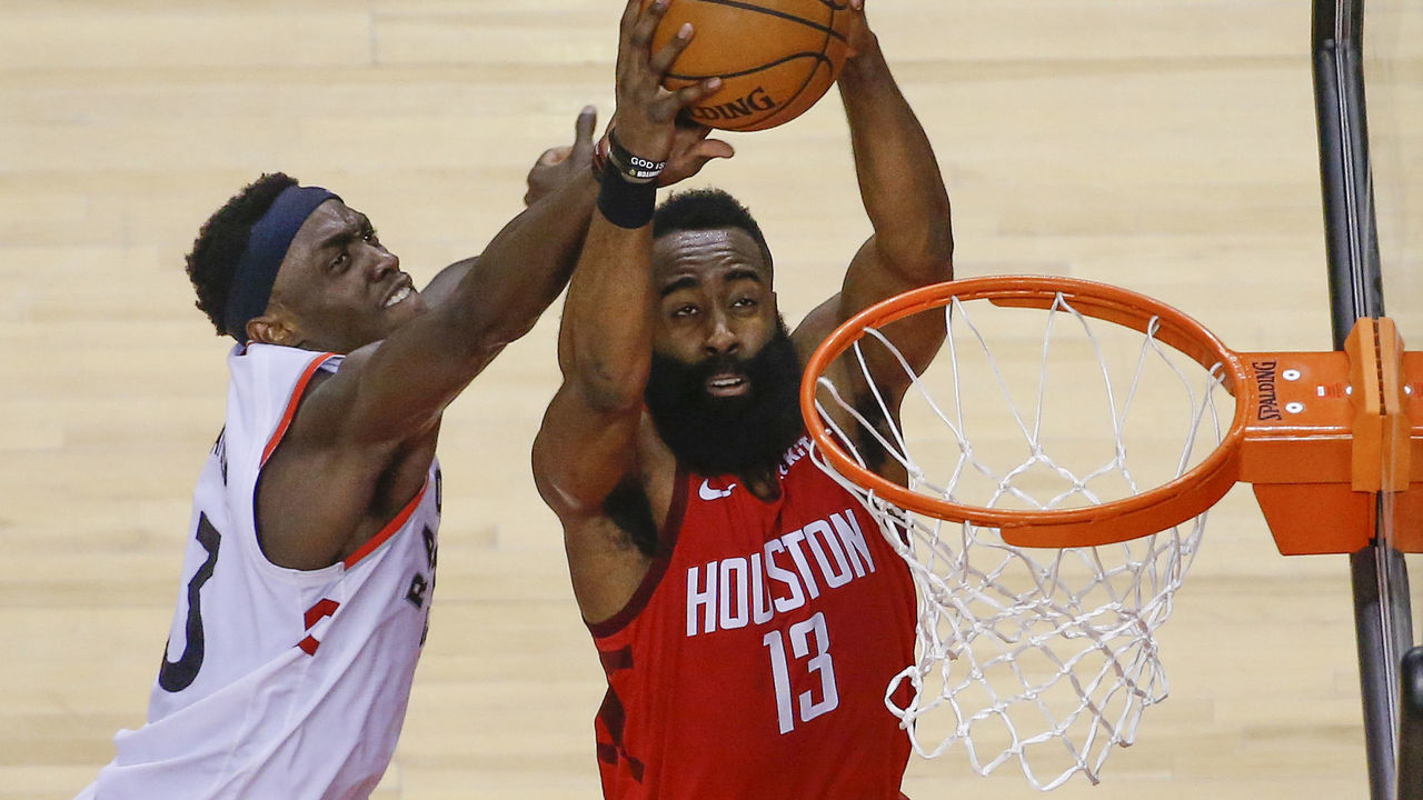 TORONTO, ON - MARCH 5: Houston Rockets guard James Harden (13) snags a defensive board ahead of Toronto Raptors forward Pascal Siakam (43). Toronto Raptors vs Houston Rockets in 2nd half action of NBA regular season play at ScotiaBank Arena. Raptors lose 107-95. Toronto Star/Rick Madonik (Rick Madonik/Toronto Star via Getty Images)