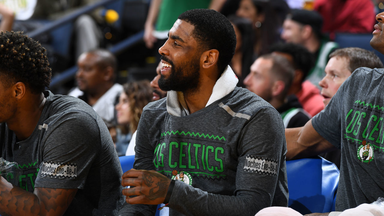 OAKLAND, CA - MARCH 5: Kyrie Irving #11 of the Boston Celtics smiles during the game against the Golden State Warriors on March 5, 2019 at ORACLE Arena in Oakland, California. NOTE TO USER: User expressly acknowledges and agrees that, by downloading and or using this photograph, user is consenting to the terms and conditions of Getty Images License Agreement. Mandatory Copyright Notice: Copyright 2019 NBAE