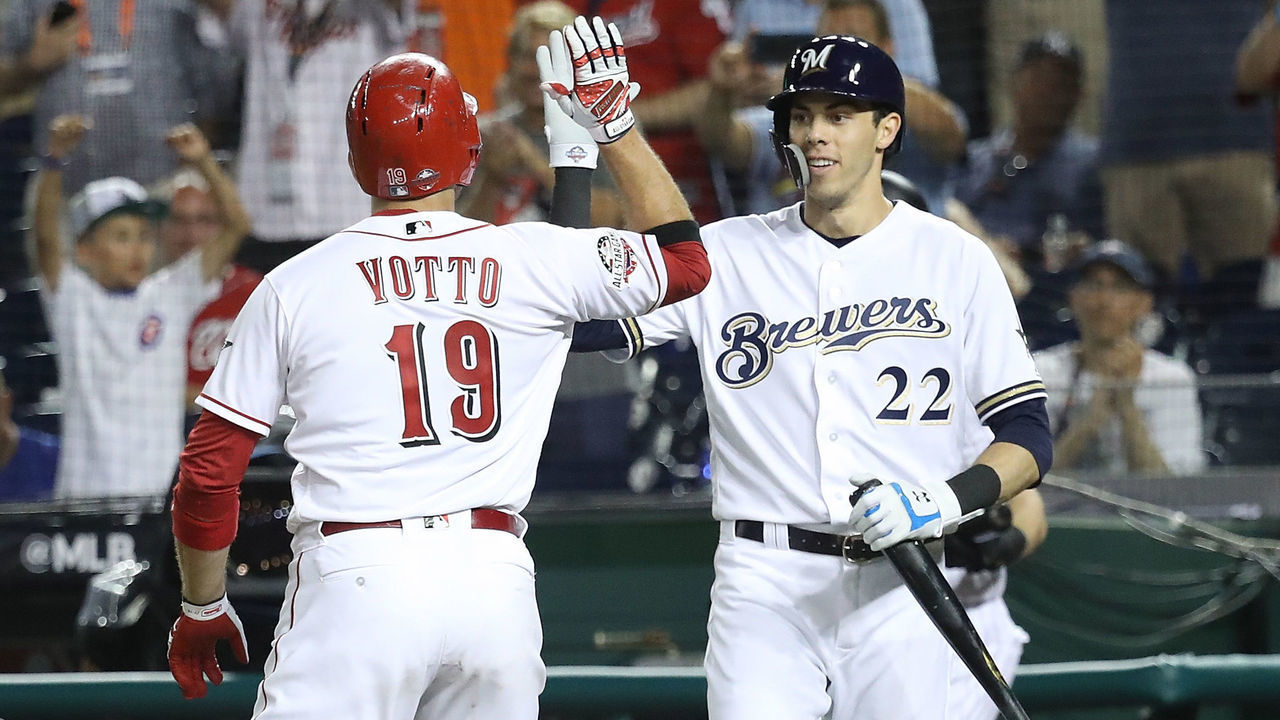 WASHINGTON, DC - JULY 17: Joey Votto #19 of the Cincinnati Reds is congratulated by Christian Yelich #22 of the Milwaukee Brewers after hitting a home run in the 10th inning during the 89th MLB All-Star Game, presented by Mastercard at Nationals Park on July 17, 2018 in Washington, DC.